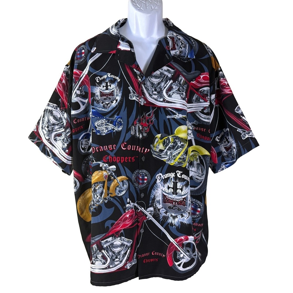 Orange County Choppers Button‎ Up Shirt Mens XXL Black Motorcycle All Over Print